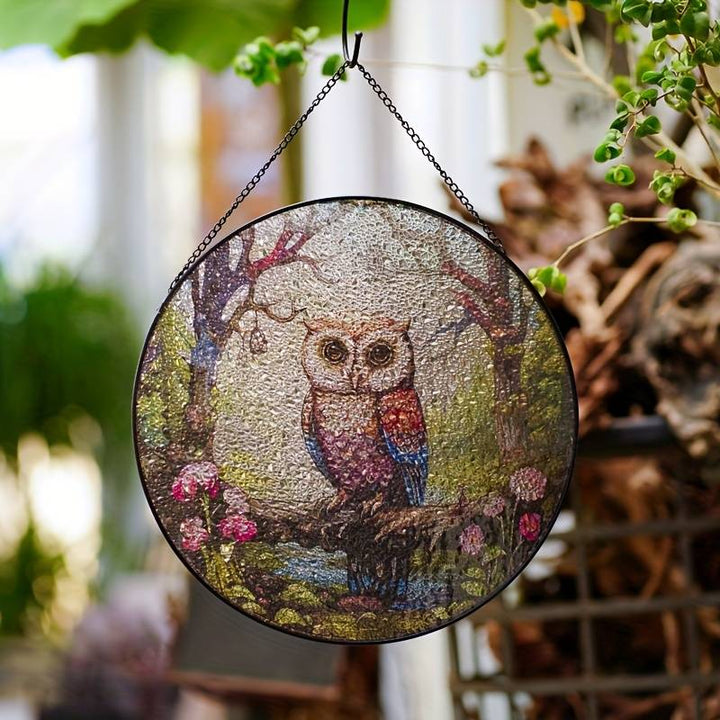 Owl Stained Glass Window Hangings Suncatcher Panel For Wall Garden