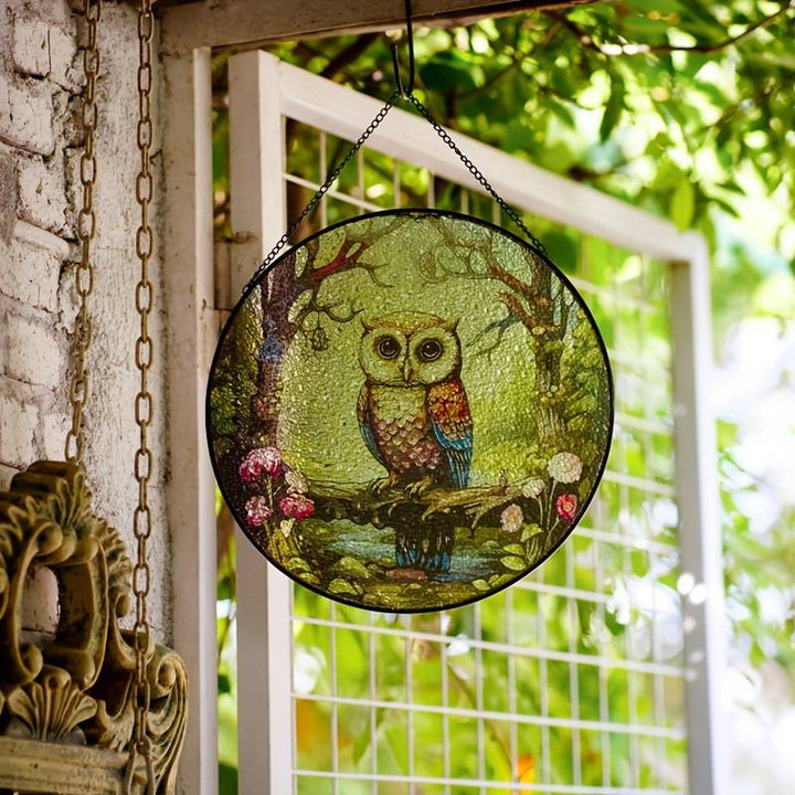 Owl Stained Glass Window Hangings Suncatcher Panel For Wall Garden