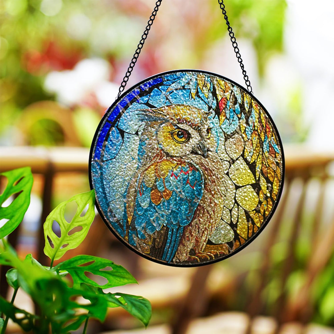 Owl Stained Glass Window Hangings Suncatcher Panel For Wall Garden