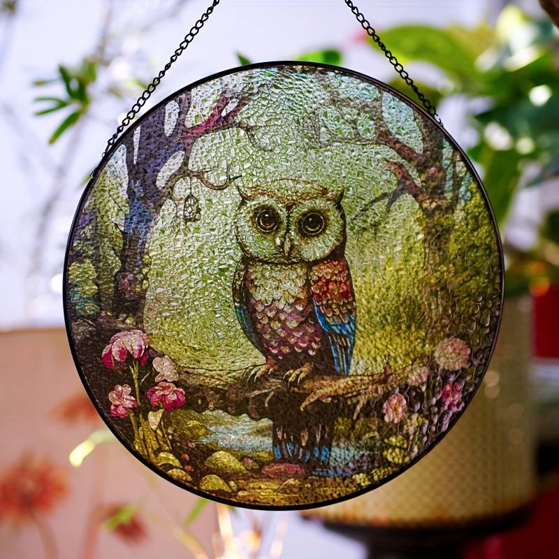 Owl Stained Glass Window Hangings Suncatcher Panel For Wall Garden