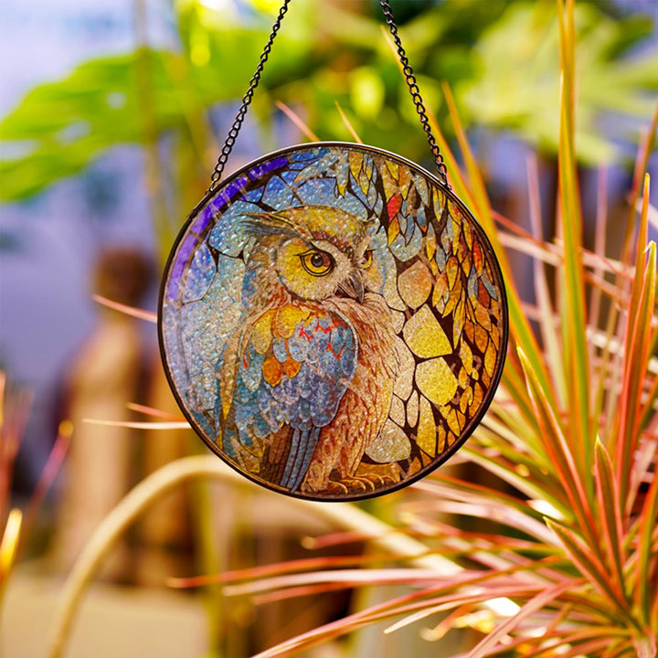 Owl Stained Glass Window Hangings Suncatcher Panel For Wall Garden