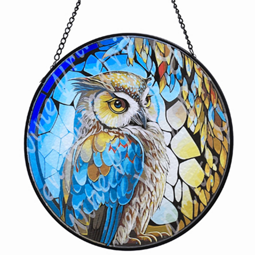 Owl Stained Glass Window Hangings Suncatcher Panel For Wall Garden