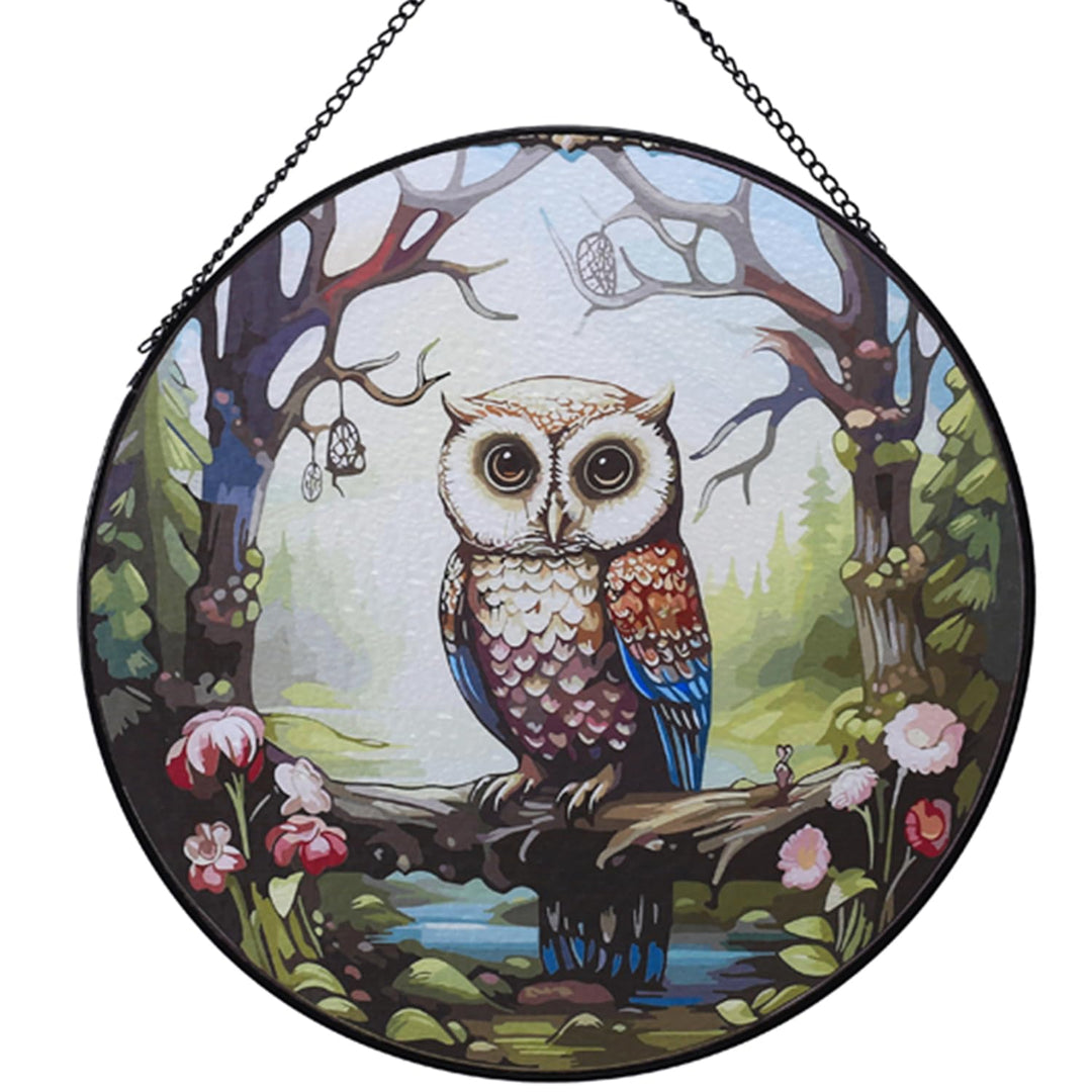 Owl Stained Glass Window Hangings Suncatcher Panel For Wall Garden