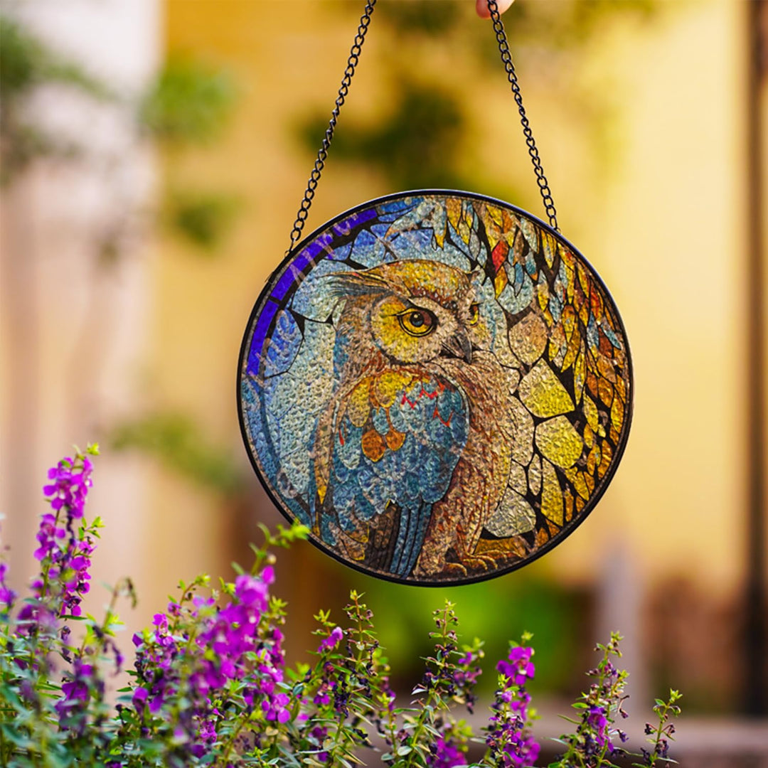 Owl Stained Glass Window Hangings Suncatcher Panel For Wall Garden