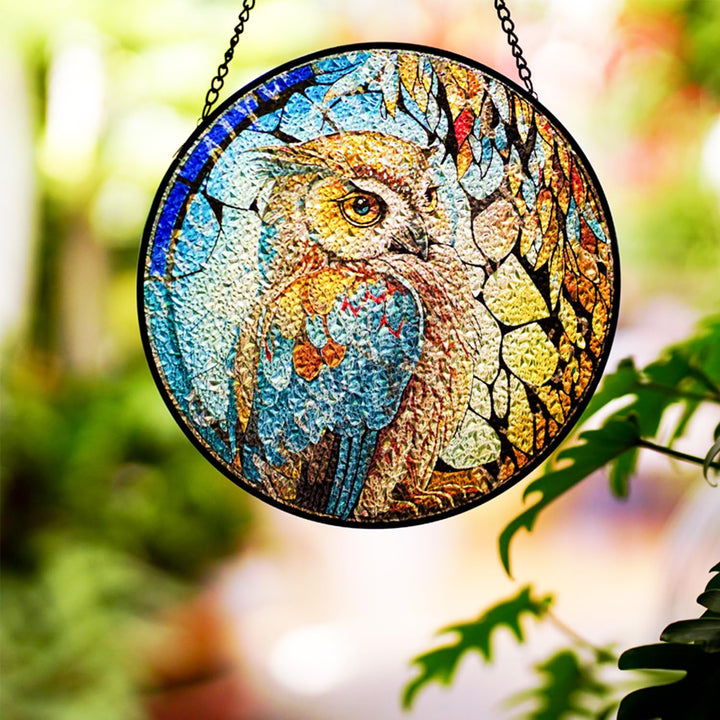 Owl Stained Glass Window Hangings Suncatcher Panel For Wall Garden