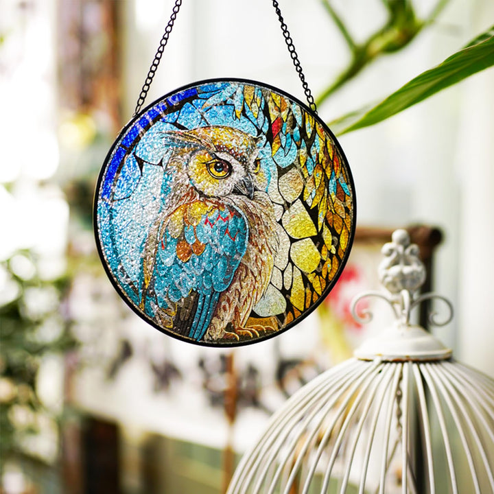 Owl Stained Glass Window Hangings Suncatcher Panel For Wall Garden