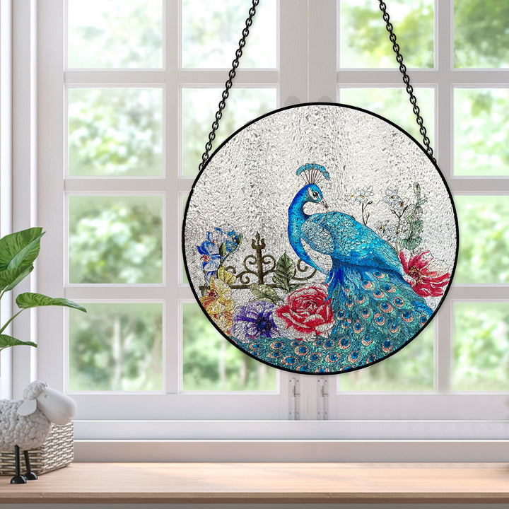 Peacock Stained Glass Window Hangings Suncatcher Panel For Wall Garden