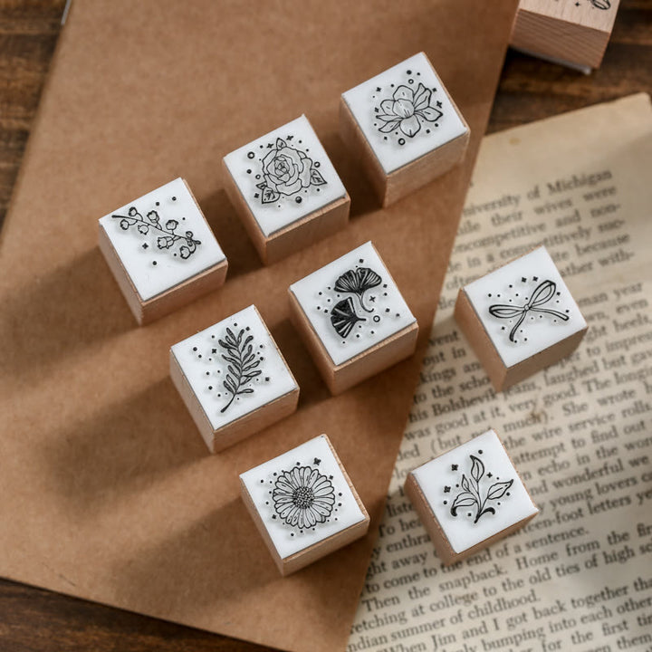 16Pcs Wooden Rubber Stamps Botanical Decorative Set Bowknot Flower Plants