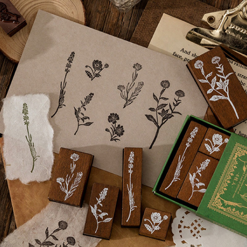 6Pcs Wood Rubber Stamps Set Flowers Plants Decorative Stamp Set