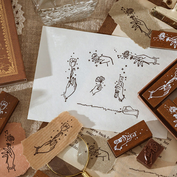 6Pcs Wood Rubber Stamps Set Flowers Plants Decorative Stamp Set