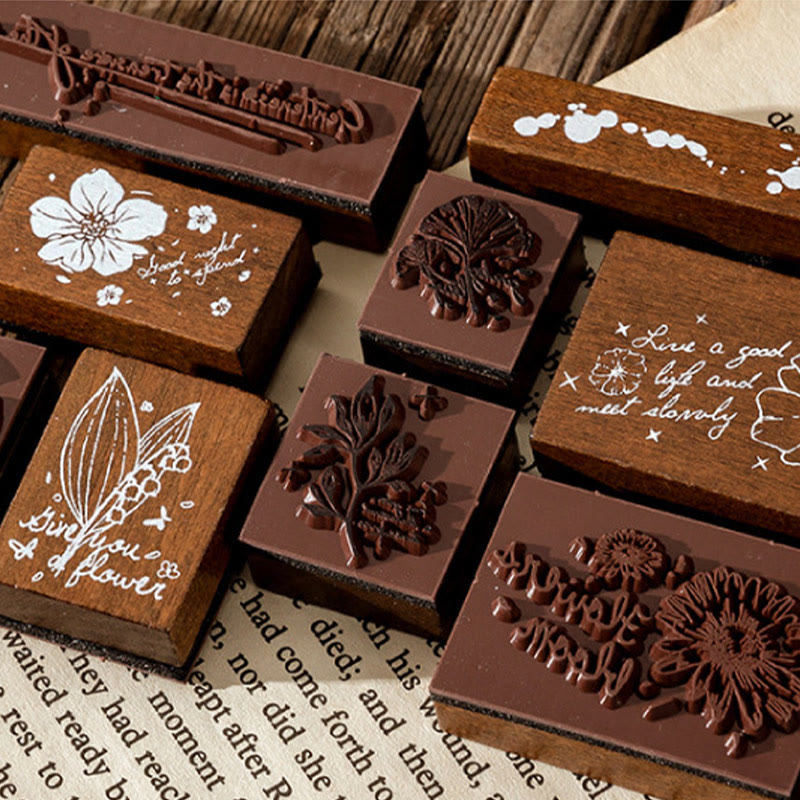 6Pcs Wood Rubber Stamps Set Flowers Plants Decorative Stamp Set