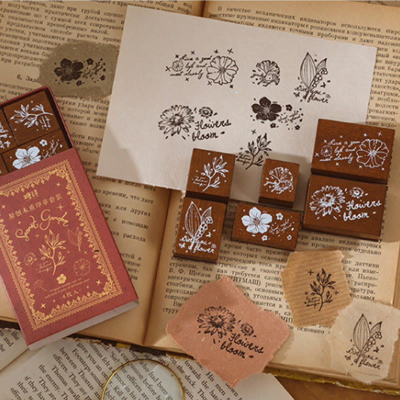 6Pcs Wood Rubber Stamps Set Flowers Plants Decorative Stamp Set