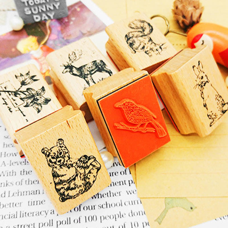 Wooden Forest Animals Series Rubber Stamps Journal Diary Scrapbook DIY Tool