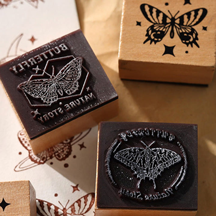 9Pcs Wood Rubber Stamps Sea of Stars and Butterfly Theme DIY Craft Card Stamp