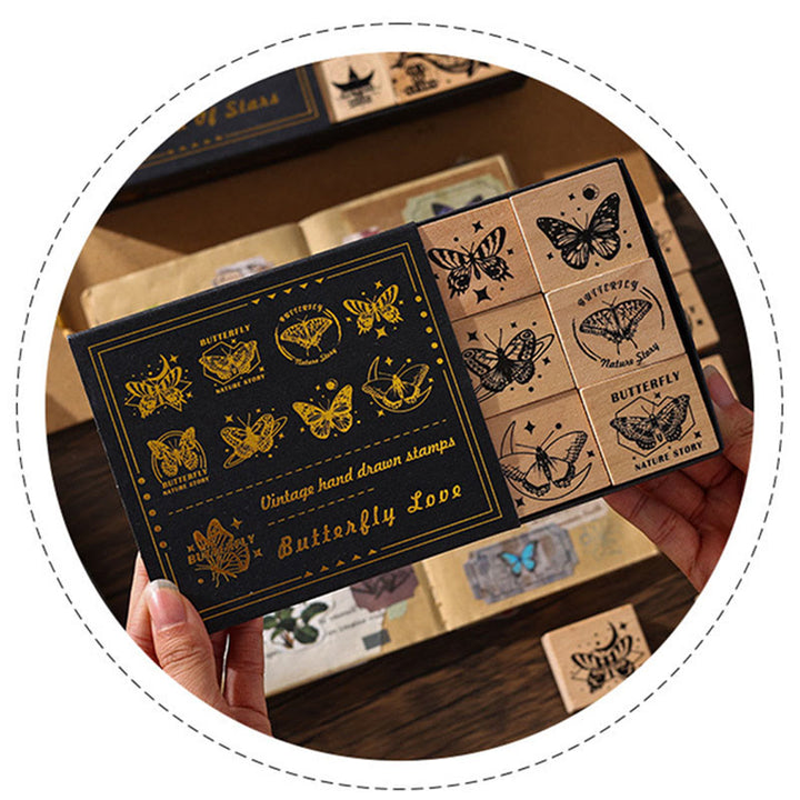 9Pcs Wood Rubber Stamps Sea of Stars and Butterfly Theme DIY Craft Card Stamp