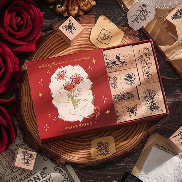 10Pcs Wooden Rose Stamps Rubber Stamp Flower Decotative Stamp Set