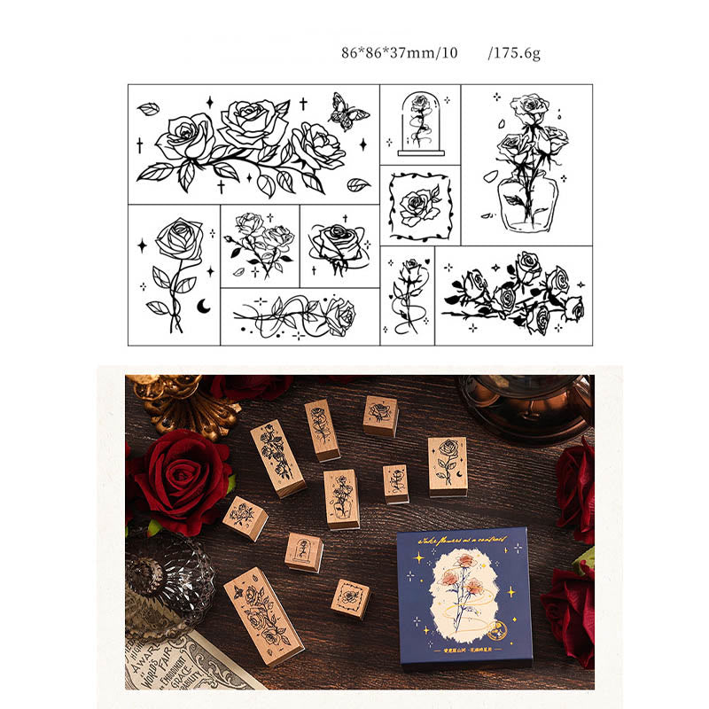 10Pcs Wooden Rose Stamps Rubber Stamp Flower Decotative Stamp Set