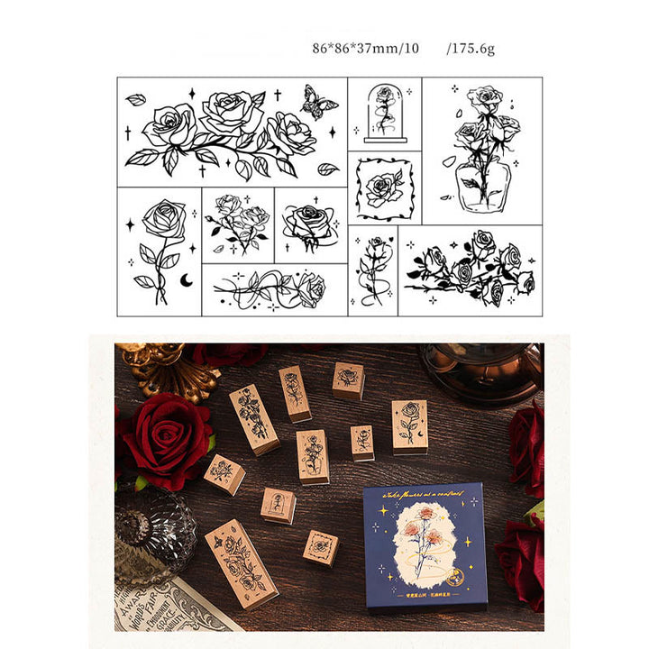 10Pcs Wooden Rose Stamps Rubber Stamp Flower Decotative Stamp Set