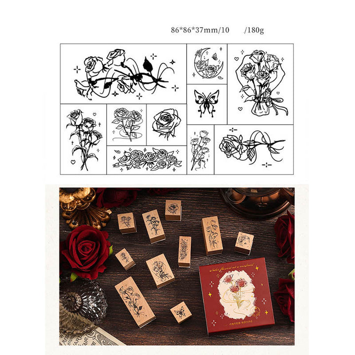 10Pcs Wooden Rose Stamps Rubber Stamp Flower Decotative Stamp Set