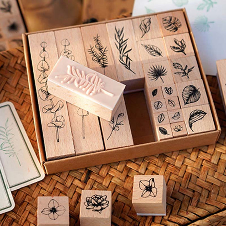 22Pcs Wooden Rubber Stamps Plants Pattern Set for DIY Craft Scrapbooking