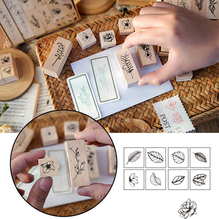 22Pcs Wooden Rubber Stamps Plants Pattern Set for DIY Craft Scrapbooking