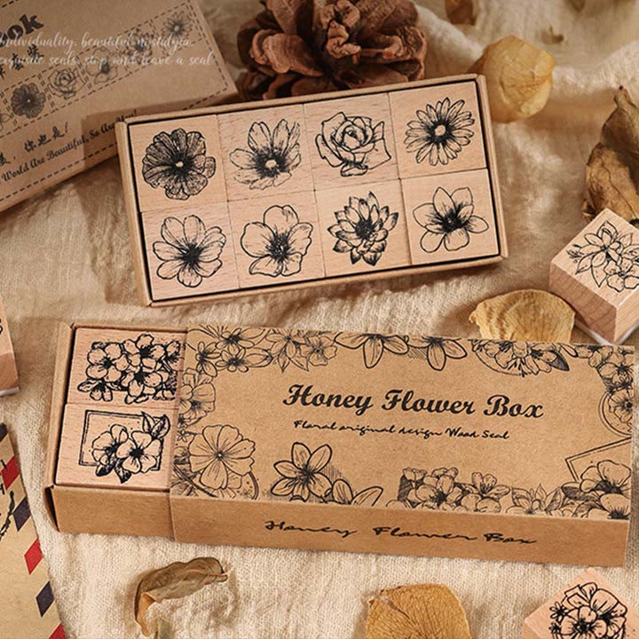 8Pcs Set Floral Rubber Stamps for Crafting Flower Decorative Wooden Stamp