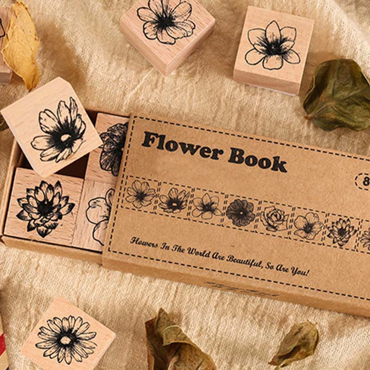 8Pcs Set Floral Rubber Stamps for Crafting Flower Decorative Wooden Stamp