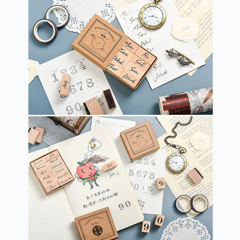 Month Weekday Number Wooden Stamps Set Wooden Stamp Rubber Stamp Set