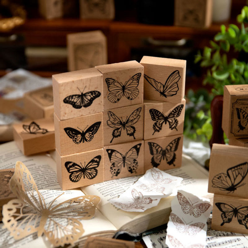 9 Styles Butterfly Theme Wood Rubber Stamps Journal Diary Decoration