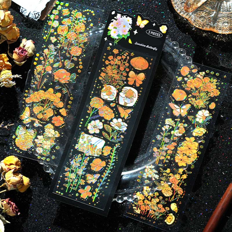 Gilding Flowers and Butterflies Theme PET Stickers Shiny Transparent Sticker Set