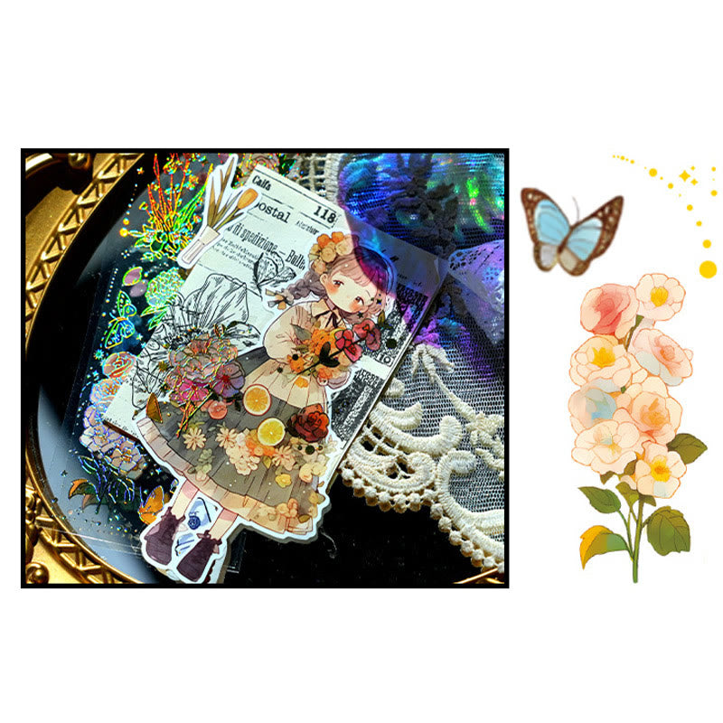 Gilding Flowers and Butterflies Theme PET Stickers Shiny Transparent Sticker Set