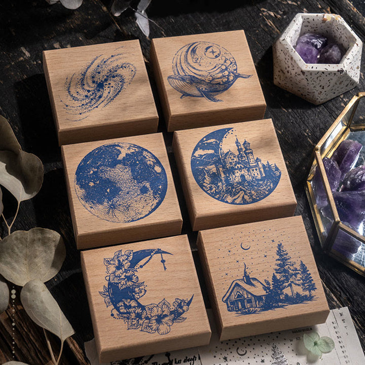 Lunar Tracks Theme Wooden Rubber Stamps Vintage Moon Phase Series Seal