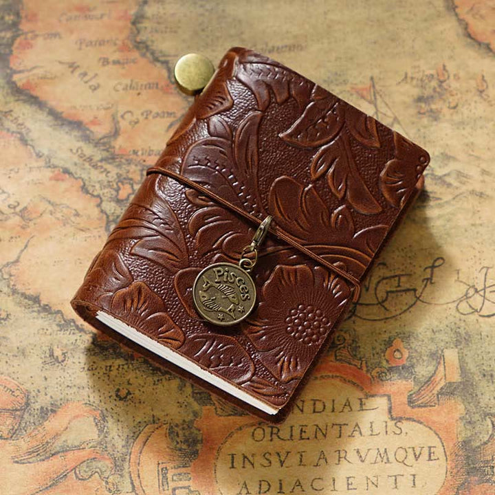 Mini Engraved Leather Cover Notebook For Travel Daily Record