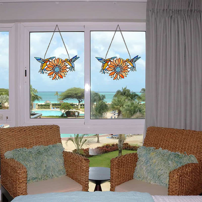 Colorful Sunflower And Hummingbirds Suncatcher for Window Hanging Ornament