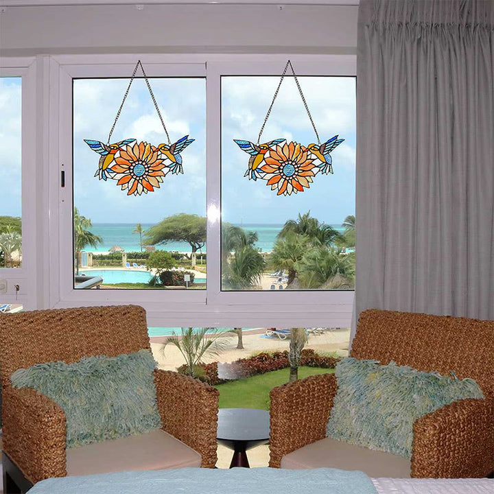 Colorful Sunflower And Hummingbirds Suncatcher for Window Hanging Ornament