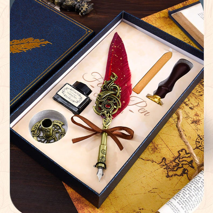 Flame Wings Carving Golden Dots Feather Quill Pen Set with Seal Stamps