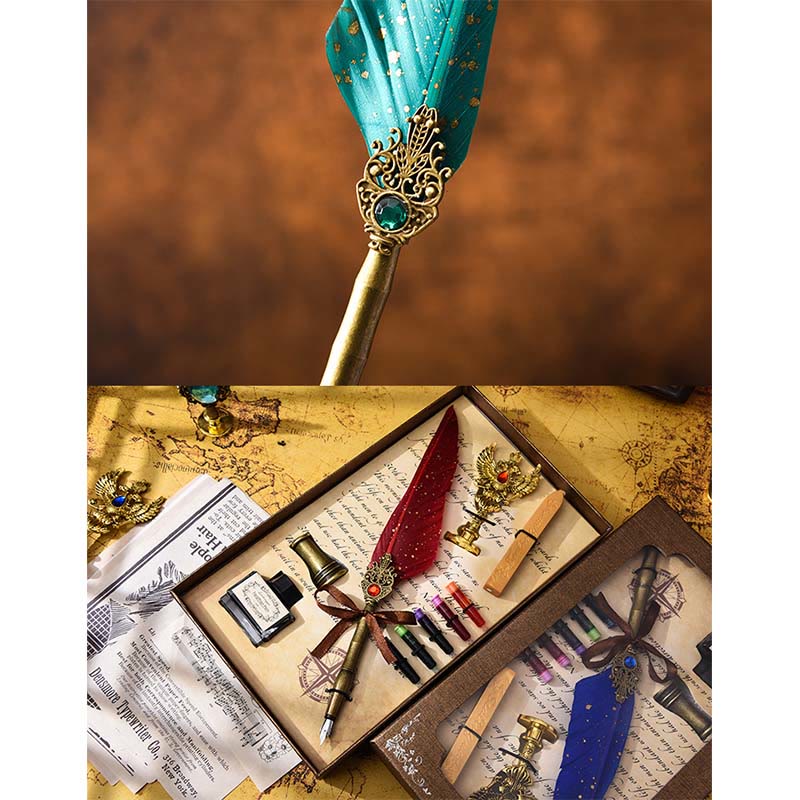 European Style Feather Pen Set With Seal Stamps Wax Sticks Retro Quill Pen Gift Box