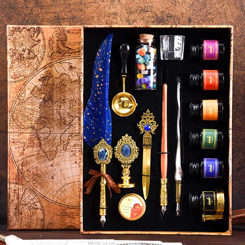 Luxury Feather Pen and Seal Stamps Set 16Pcs Quill Pen and Ink Set