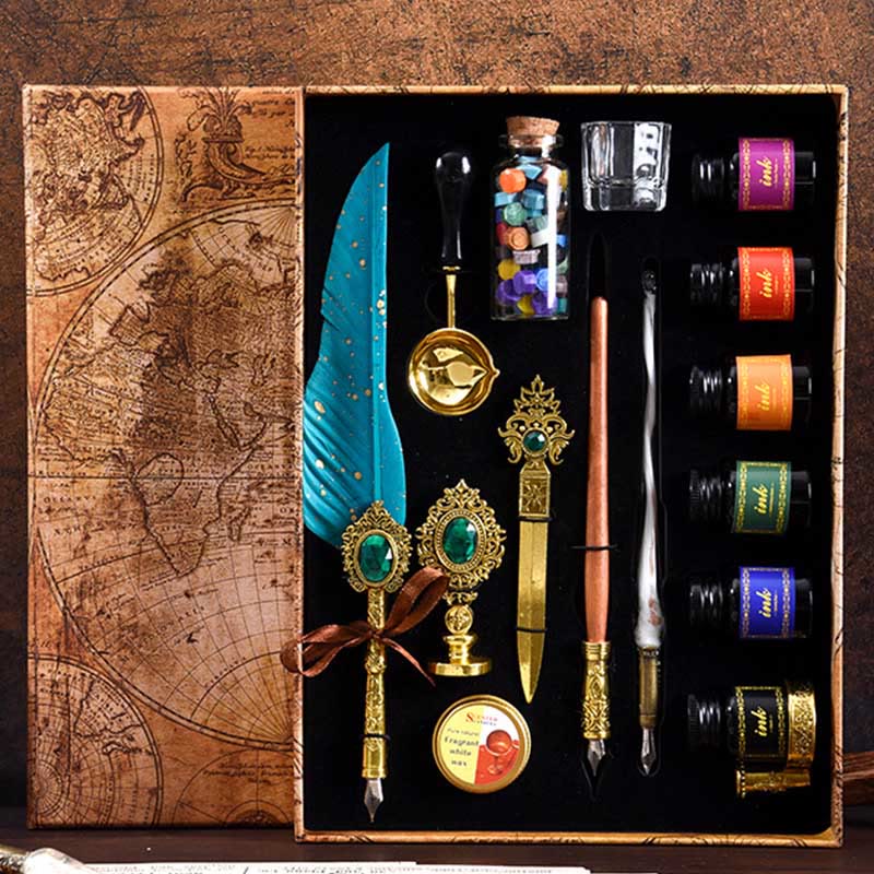 Luxury Feather Pen and Seal Stamps Set 16Pcs Quill Pen and Ink Set