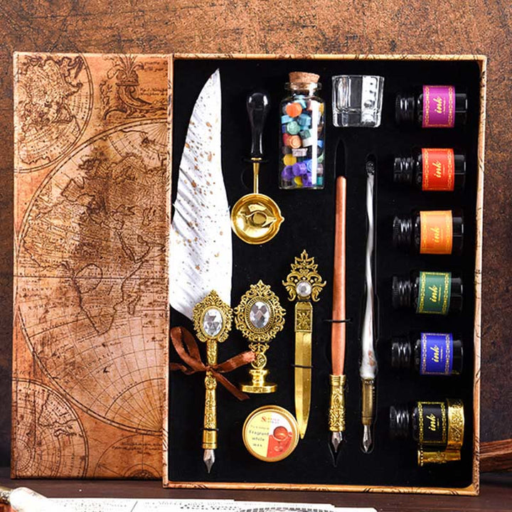 Luxury Feather Pen and Seal Stamps Set 16Pcs Quill Pen and Ink Set