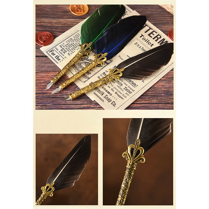 Feather Quill Pen and Ink Set Antique Carving Calligraphy Pen and Ink Set