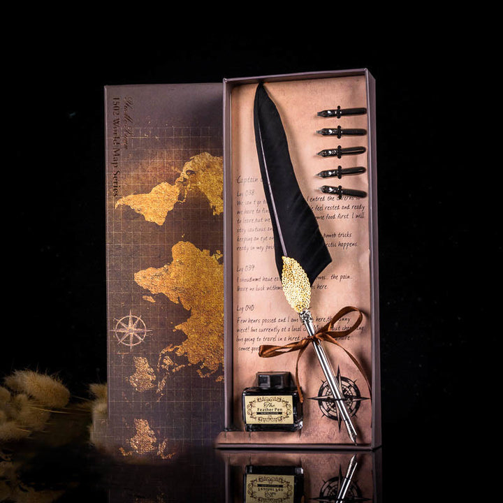 Gold Leaf Feather Pen Map Calligraphy Pen Set with Ink