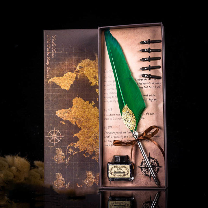 Gold Leaf Feather Pen Map Calligraphy Pen Set with Ink