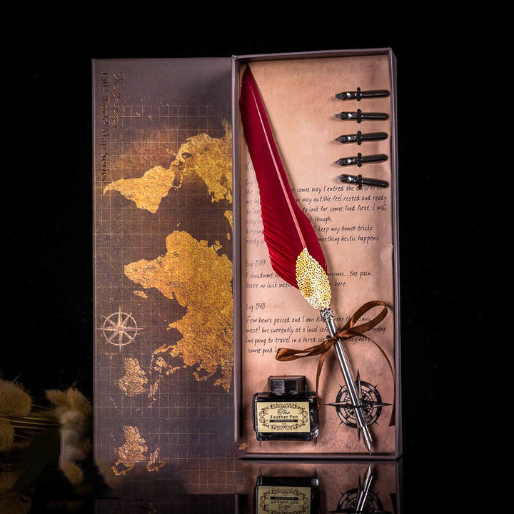 Gold Leaf Feather Pen Map Calligraphy Pen Set with Ink