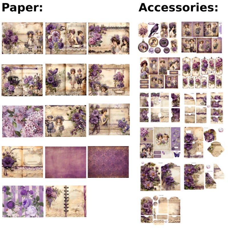 Baroque Purple Flowers Series Paper Set Decorative Journaling Paper