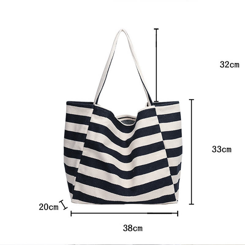 Color Contrast Stripe Shoulder Bag For Women Large Canvas Tote