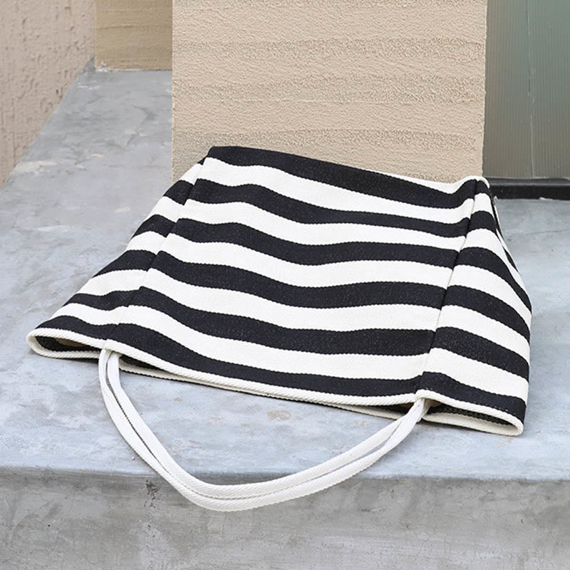 Color Contrast Stripe Shoulder Bag For Women Large Canvas Tote