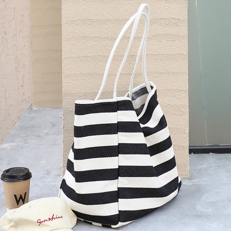 Color Contrast Stripe Shoulder Bag For Women Large Canvas Tote