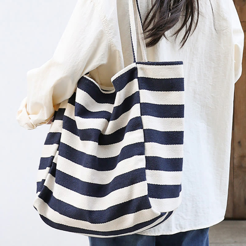 Color Contrast Stripe Shoulder Bag For Women Large Canvas Tote