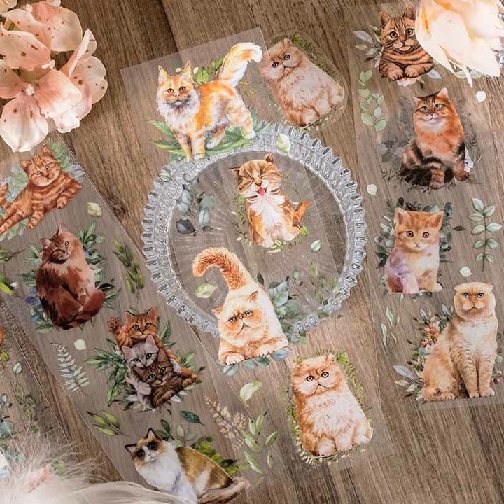 Cat with Flowers Series Transparent PET Stickers Fro Scrapbook